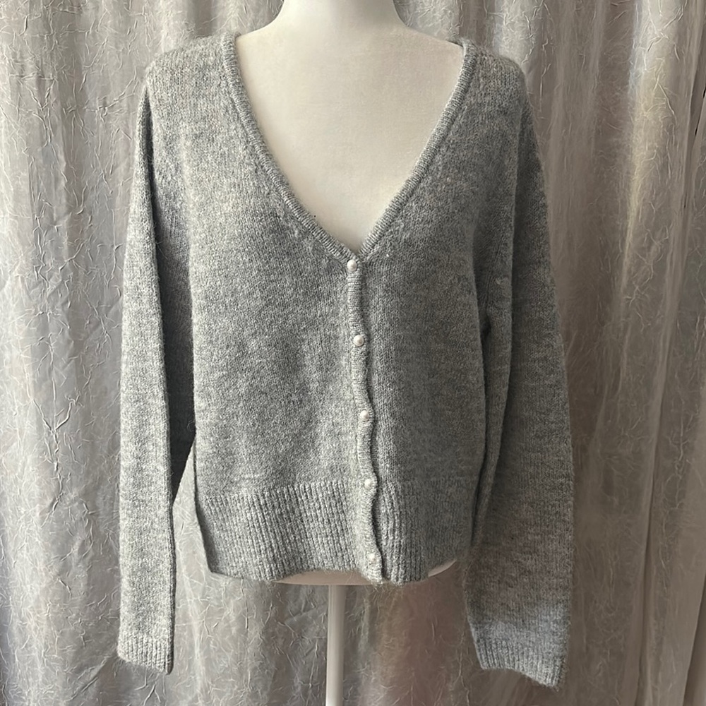 Gray V-Neck Button-Up Women's Sweater
